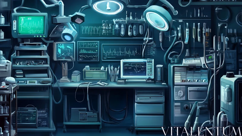 Cyberpunk surgical workstation with telemetry-rich interface design.