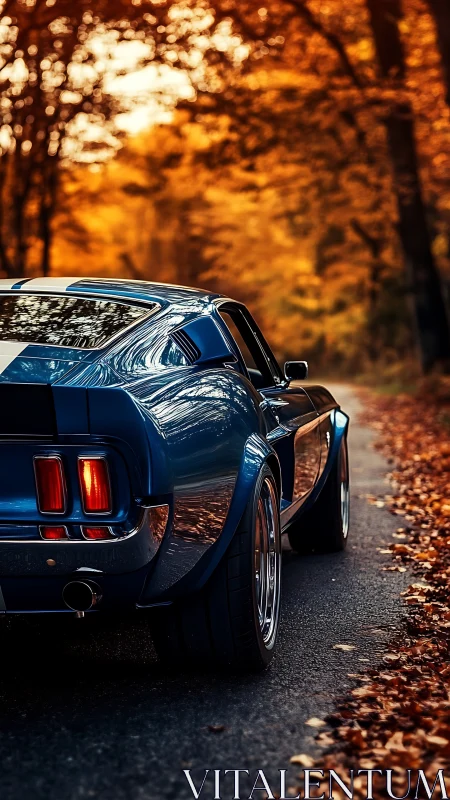 Blue classic muscle car on forest road in autumn light.