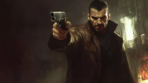 Man in brown coat points handgun forward in rainy street