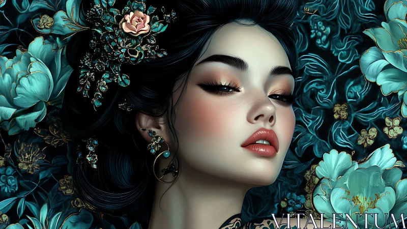 Ornate floral portrait shows elegant woman framed by teal blooms