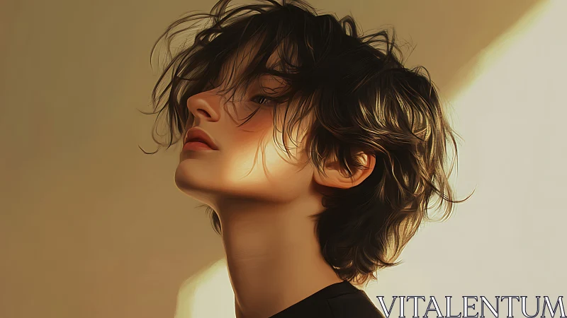 Cinematic side-lit portrait with tousled hair and smooth bokeh glow.