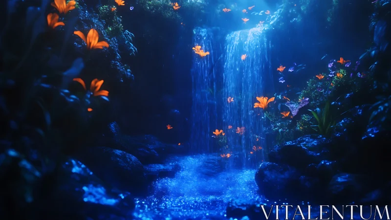 Bioluminescent forest waterfall glows around vivid orange lilies
