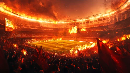 Stadium interior shows football match amid extensive fire