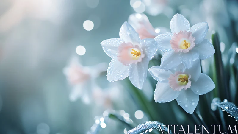 White daffodils with pink centers display water droplets and bokeh background.