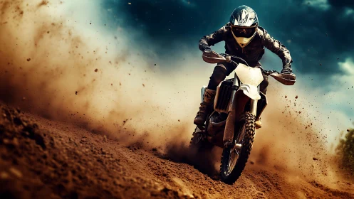 Motocross rider powers through flying dirt under stormy sky