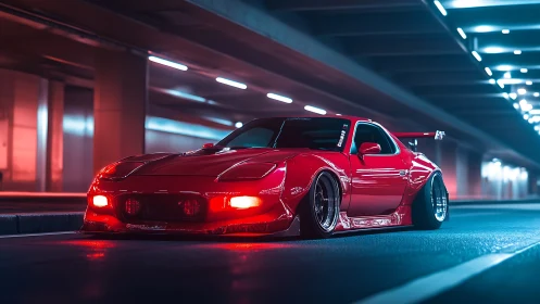 Scarlet street racer blazes through neon tunnel midnight.