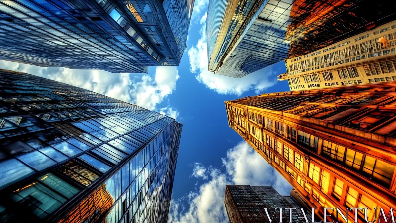 Urban skyscrapers converge under saturated blue sky perspective.