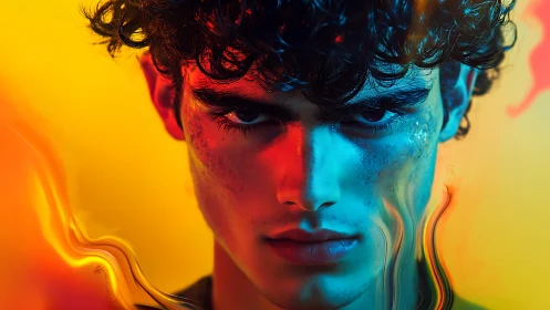 Intense male portrait in split red and blue lighting.