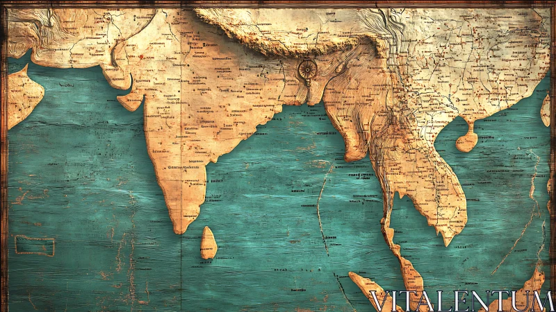 Vintage styled map of India and South Asia in teal tones.