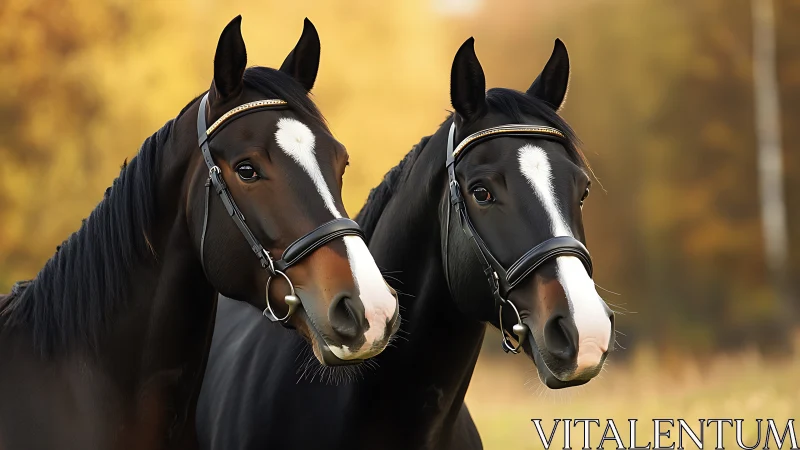 Twin dark bay horses in bridles against soft autumn bokeh.