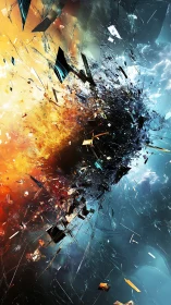 Kinetic collision of shards in blue orange digital vortex.