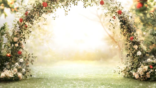 Sunlit garden arch where soft blossoms invite daydreams.