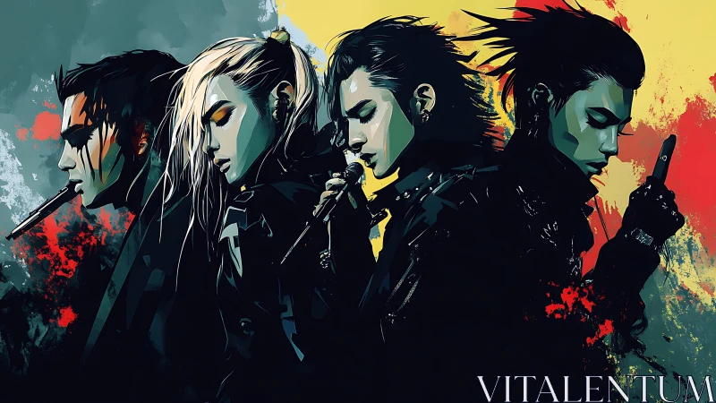 Four stylized figures in profile against divided color field.