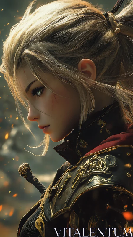 Scarred warrior studies the embers drifting through twilight air