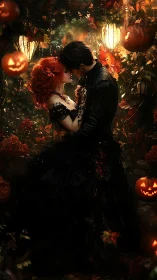 Gothic Romantic Embrace: Halloween Fantasy with Luminous Pumpkin Atmosphere