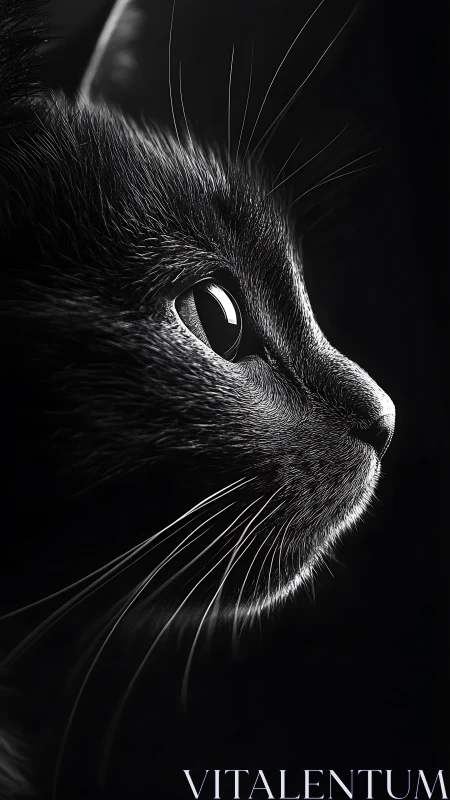 Domestic Cat Head in Profile Against Black Background.