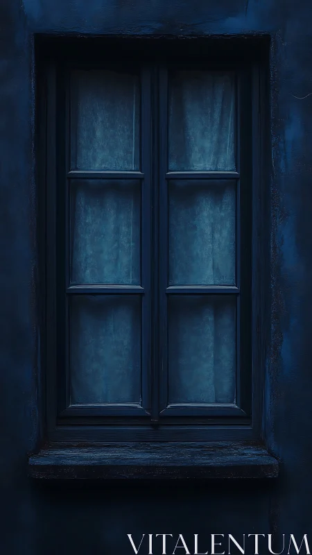 Nocturnal close-up of blue-painted wooden sash window fa&ccedil;ade
