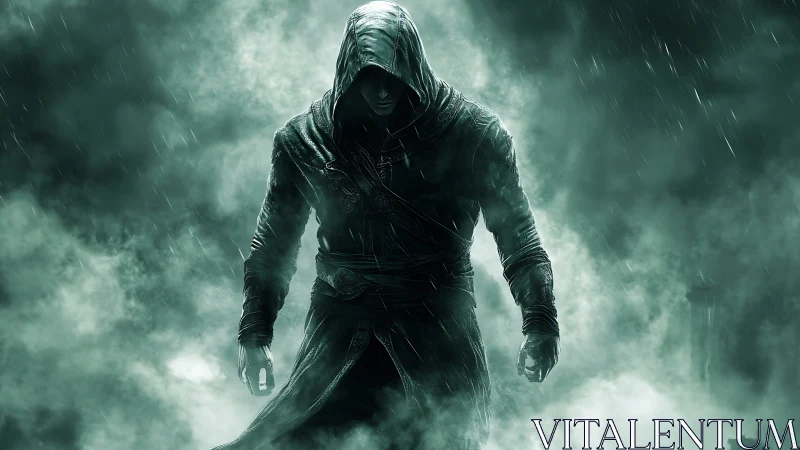 Hooded rogue strides through stormy fog in eerie silence