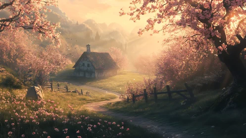 Spring cottage valley under glowing golden sunrise light.
