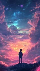 Silhouetted child stands beneath luminous pink and blue sky