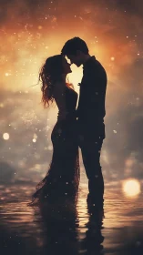 Silhouetted Couple Embracing in Luminous Sunset Over Water.