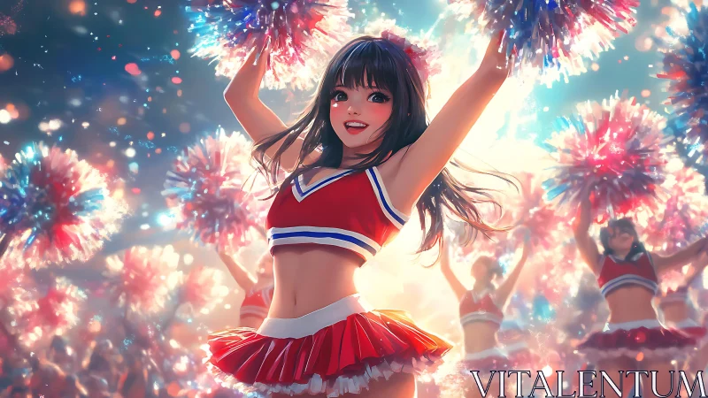 Energetic anime cheerleader leads a dazzling stadium performance.