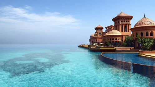 Seaside luxury resort with domed towers over turquoise infinity.