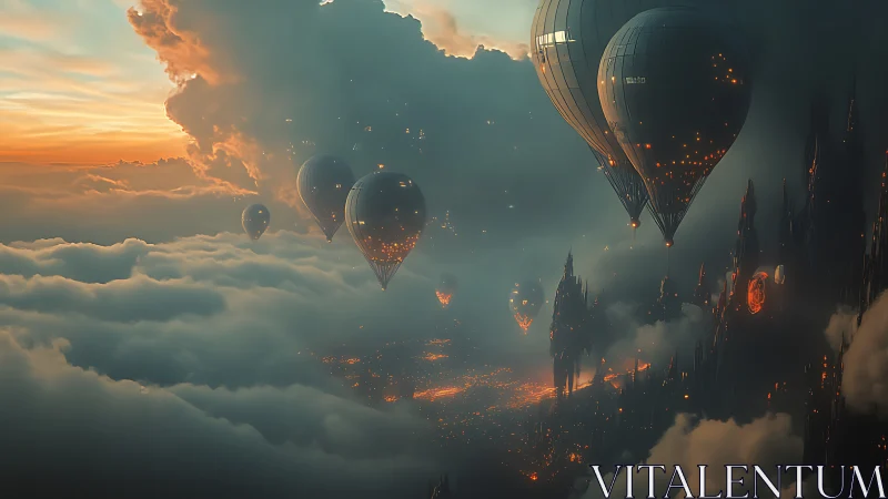 Digital painting of luminous airships over volcanic cloudscape.