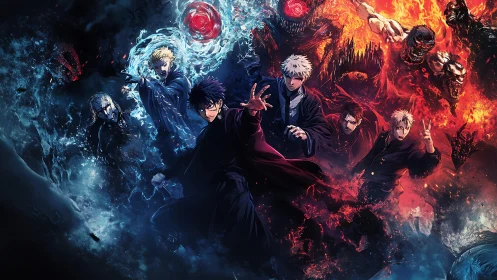 Elemental sorcerers confront demonic entities in dual chromatic vortex