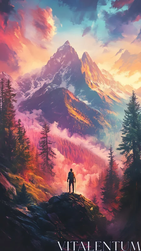 Solitary hiker surveys hyper-saturated alpine sunrise vista