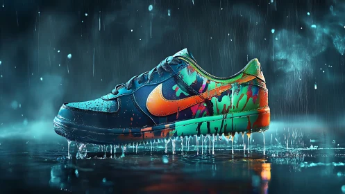 Rain-soaked neon sneaker splashed in rebellious street color.