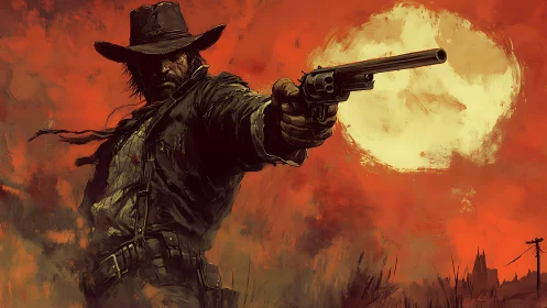 Gunslinger extends revolver under blood-red Western sky