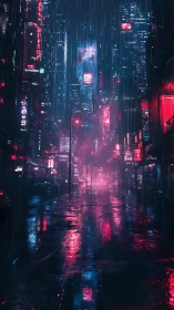 Neon rain gently washes over a quiet cyberpunk night street