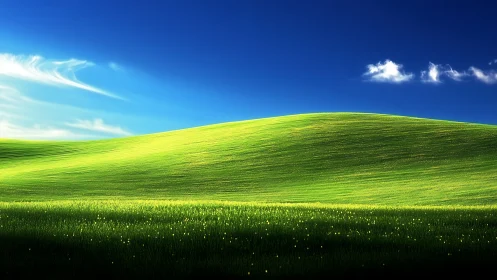 Luminous rolling meadow under deep cobalt sky digital painting.