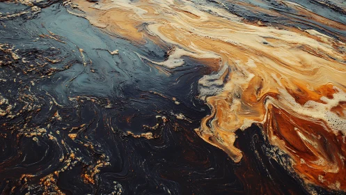 Swirling oil slick patterns stain dark water with toxic color