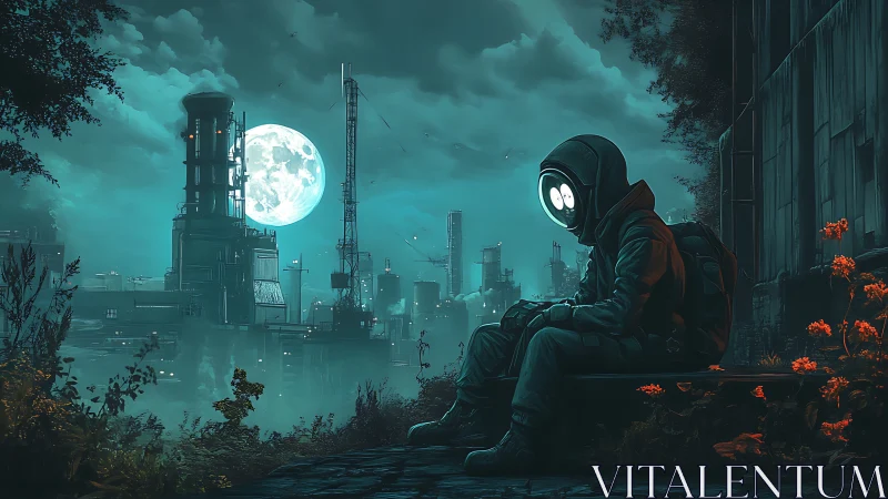 Solitary astronaut silhouette in teal industrial moonlit ruin