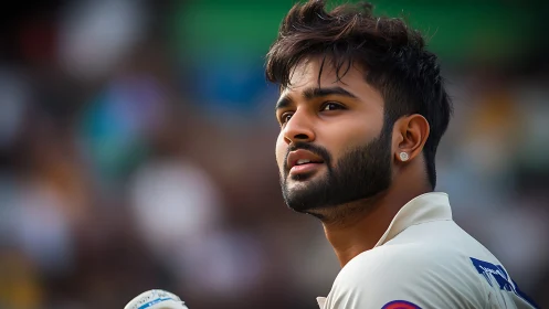 Cricketer in white kit looking up during match play.
