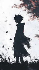 Silhouetted anime figure amid abstract splatter foliage study.