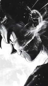 Monochrome side profile of stylized male anime character.