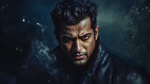 Moody male portrait under rain with intense dramatic gaze.