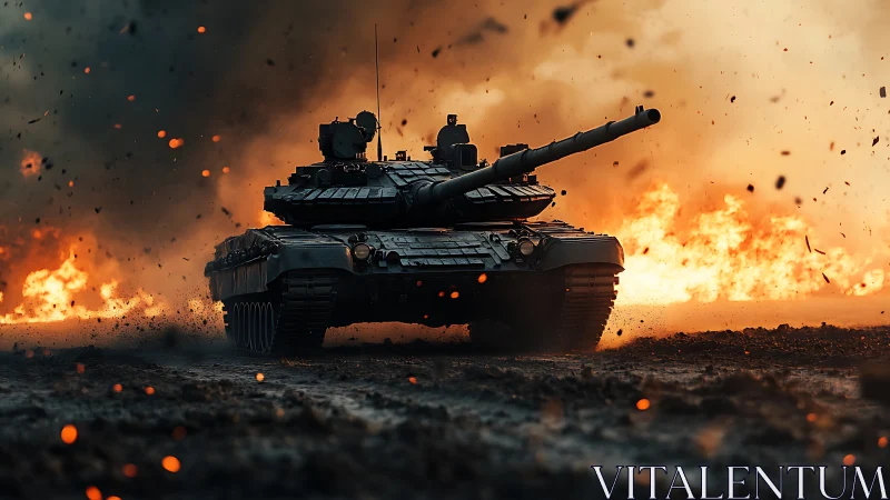 Main battle tank advances through high-intensity firestorm.