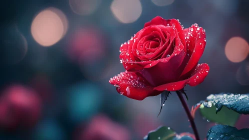 Crimson Rose with Dew Drops on Bokeh Background.