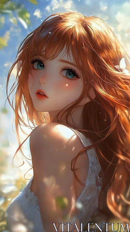 Red haired anime girl in soft outdoor sunlight portrait.