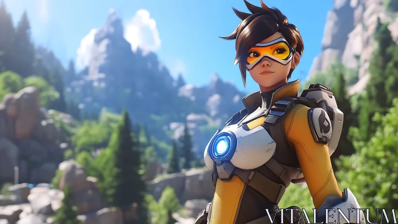 Energetic hero stands confidently in bright mountain sunshine