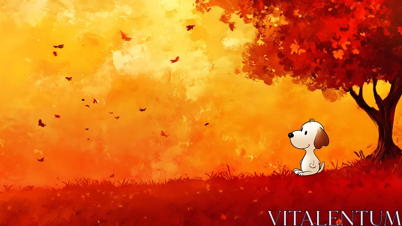 Little dog daydreaming beneath a glowing autumn sky.