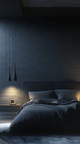 Dark bedroom interior shows directional lighting on brick wall