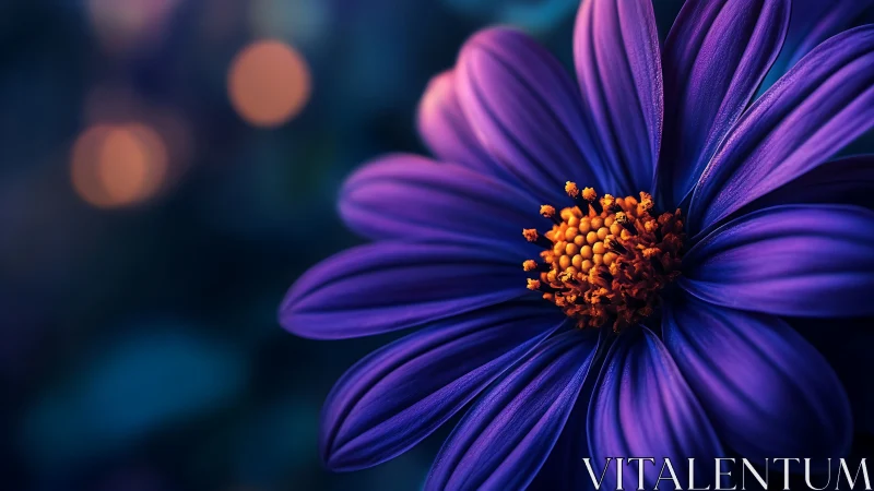 Purple Daisy with Orange Stamen Against Dark Background.
