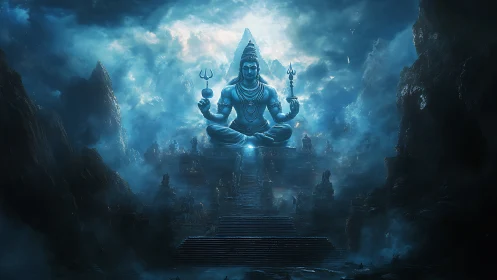 Colossal blue deity statue above misty mountain temple.