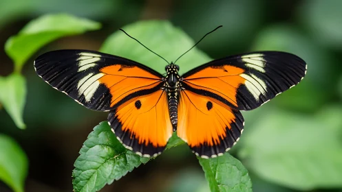 Macro study of orange-black butterfly on foliage, shallow DOF.