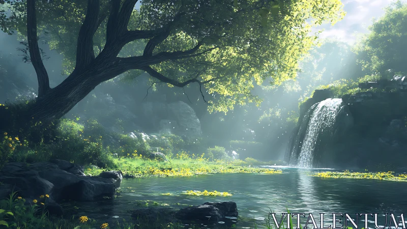 Sunlit forest waterfall glows above a tranquil, misty pool.